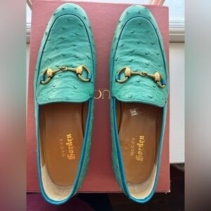 Gucci Garden Men's Teal ostrich Loafers with Gold bit